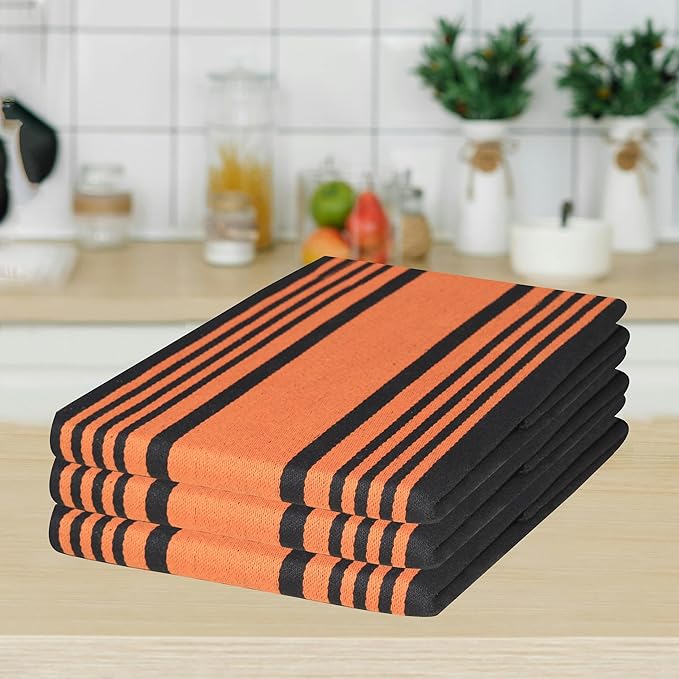 Urban Villa Halloween Kitchen Towels 100% Cotton Set of 3 Dish Towels - 20x30 Inches Highly Absorbent Quick Drying Dish Towels for Kitchen with Hanging Loop Hand & Tea Towels (Orange & Black Striped)