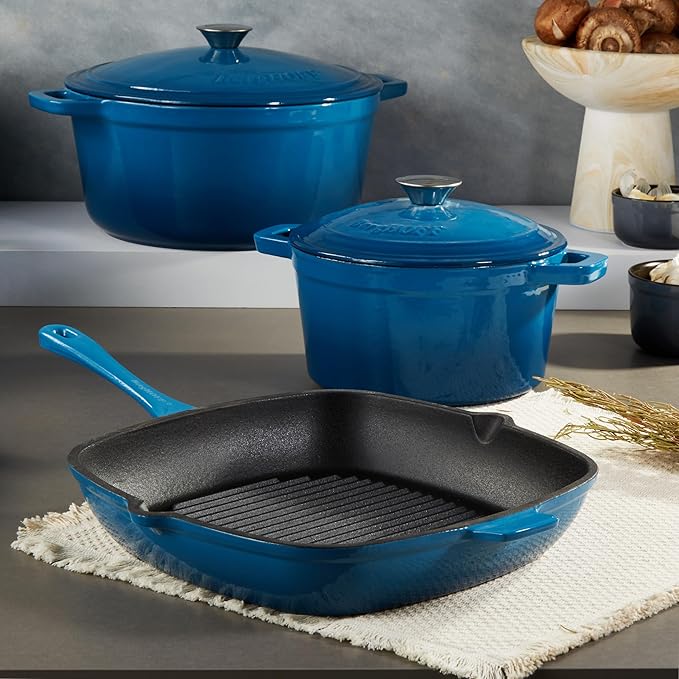 BergHOFF 10Pc Neo Enameled Cast Iron Cookware Set, Matching Lid, Oven Safe Up To 400°F, Blue