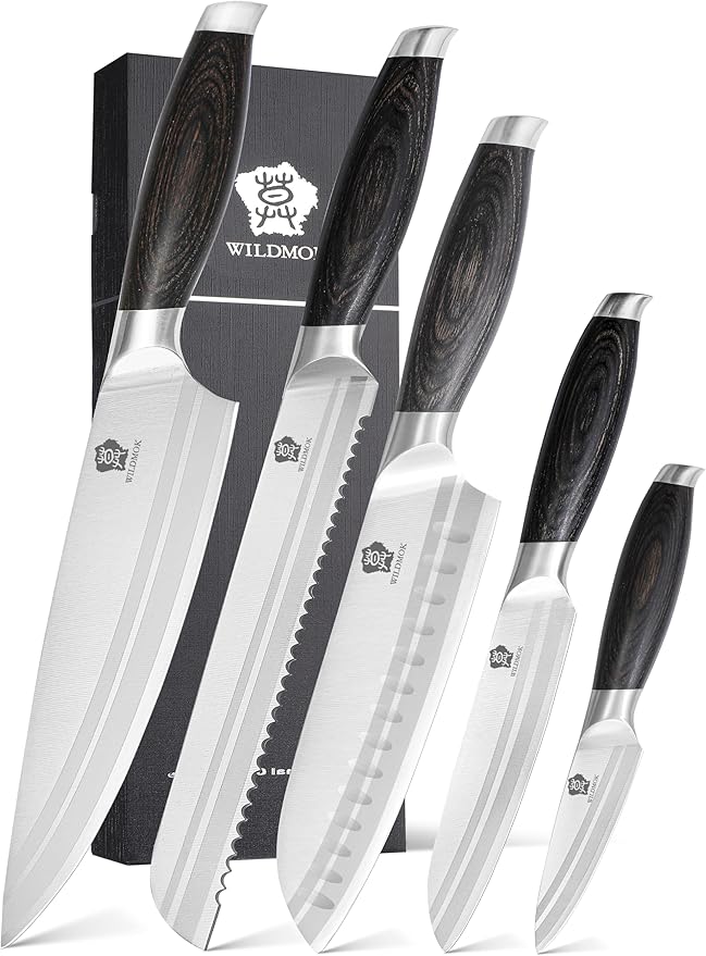 WILDMOK Professional Knife Set, 5 Pieces Kitchen Knife Set, German Stainless Steel Chef Knife Set withGift Box, Black Pakkawood Handle