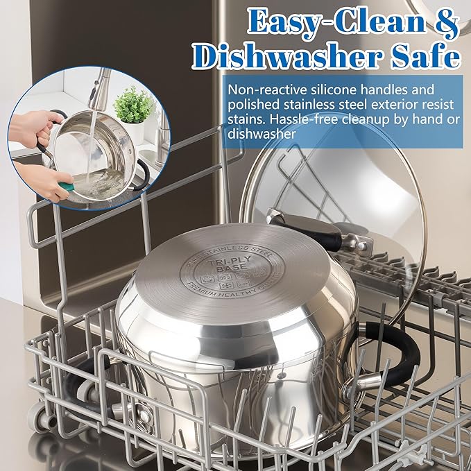 E-far 5Qt Stainless Steel Pot, Stock Pot with Glass Lid for Cooking Pasta Soup Sauce, Tri-Ply Induction Thick Base & Cool-Touch Handles, All Stoves & Dishwasher Safe