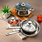 Tuxton Home Nevada 7 Piece Cookware set; Stainless Steel, PFTE & PFOA Free, Freezer to Oven Safe, Induction Compatible; 1QT & 2QT Saucepans, 5QT Dutch Oven, 10" Open Frypan