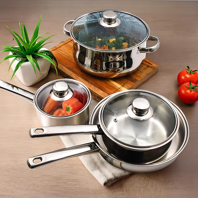 Tuxton Home Nevada 7 Piece Cookware set; Stainless Steel, PFTE & PFOA Free, Freezer to Oven Safe, Induction Compatible; 1QT & 2QT Saucepans, 5QT Dutch Oven, 10" Open Frypan