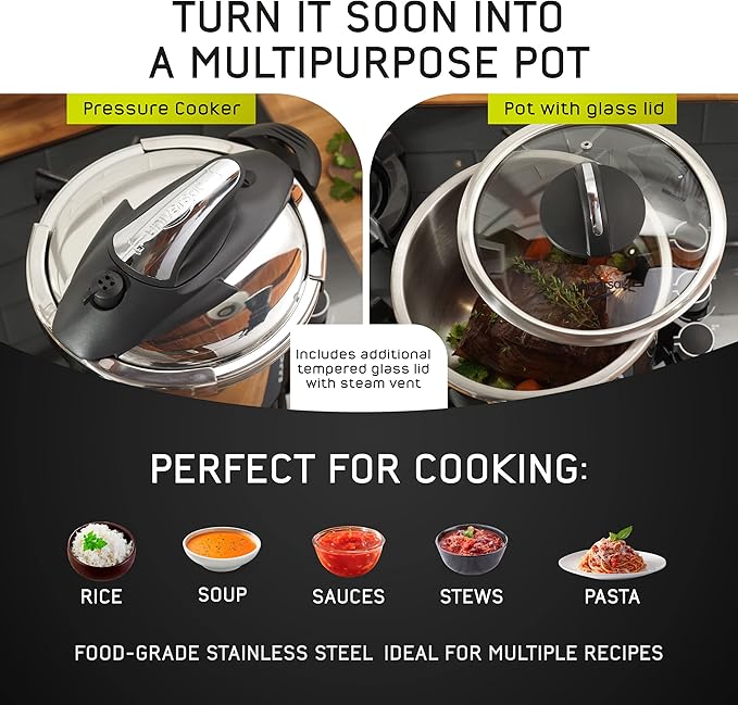 Universal (4.2 Quart / 4 Liter) Small Stainless Steel Easy Use Pressure Cooker + Extra Glass Lid, 5 Servings, Induction Compatible, Multipurpose Pot & Pressure Cooker
