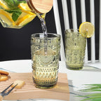 Joeyan Green Vintage Drinking Glasses,Embossed Boho Sunflower Highball Water Glass Tumbler,14 oz Colored Beaded Glassware for Beverages Juice Whisky Cocktail Beer Wine Milk of 4,Dishwasher Safe