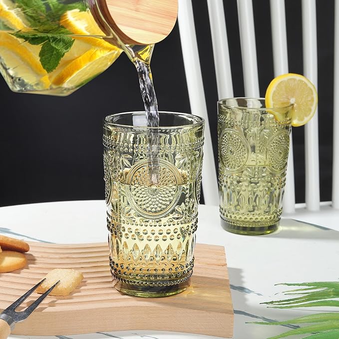 Joeyan Green Vintage Drinking Glasses,Embossed Boho Sunflower Highball Water Glass Tumbler,14 oz Colored Beaded Glassware for Beverages Juice Whisky Cocktail Beer Wine Milk of 4,Dishwasher Safe