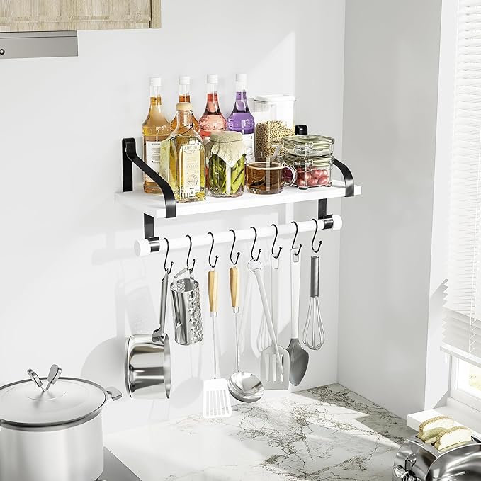 Love-KANKEI Floating Shelf Wall Shelf for Storage Rustic Wood Kitchen Spice Rack with Towel Bar and 8 Removable Hooks for Organize Cooking Utensils or Mugs White