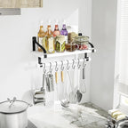 Love-KANKEI Floating Shelf Wall Shelf for Storage Rustic Wood Kitchen Spice Rack with Towel Bar and 8 Removable Hooks for Organize Cooking Utensils or Mugs White