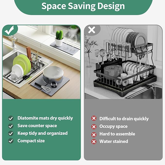 YIGII Dish Drying Rack with 3 X Diatomite Dish Mat- Expandable Dish Drainer for Kitchen in Sink/Countertop Dry Rack, Fast Drying Stone Mat, Dish Rack with Utensil Holder, 5.4”W x 12.1”-18.9”L