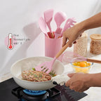 Silicone Kitchen Utensils Set, LIANYU 15-Piece Heat Resistant Cooking Utensils with Holder, Cooking Kitchen Gadgets Tools for Nonstick Cookware, Wooden Handle, Pink
