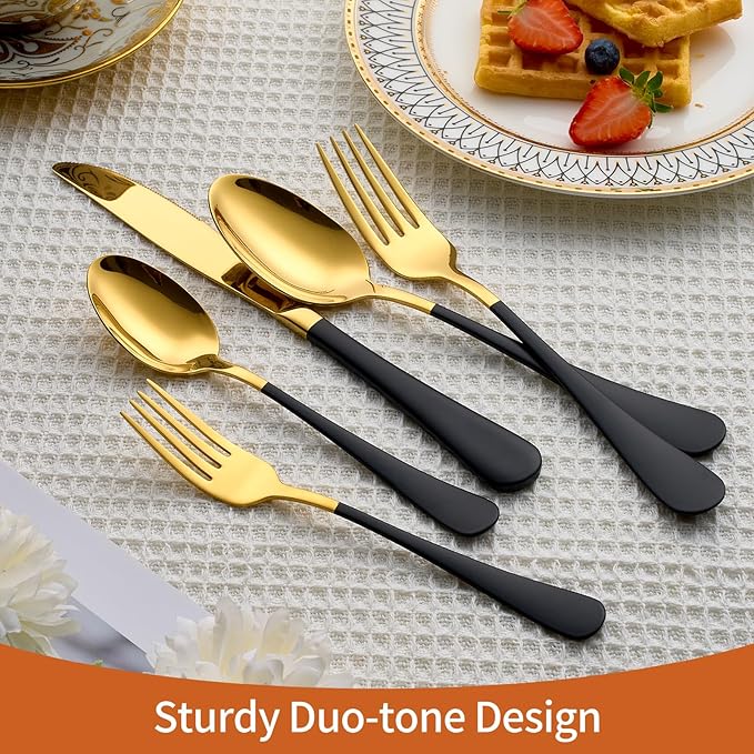 20 Piece Gold and Black 18/0 Flatware Utensil Set for 4, Include Dinner Knife,Dinner Forks,Dinner Spoons,Salad Forks,Teaspoons,Silverware Set for 4, Dishwasher Safe