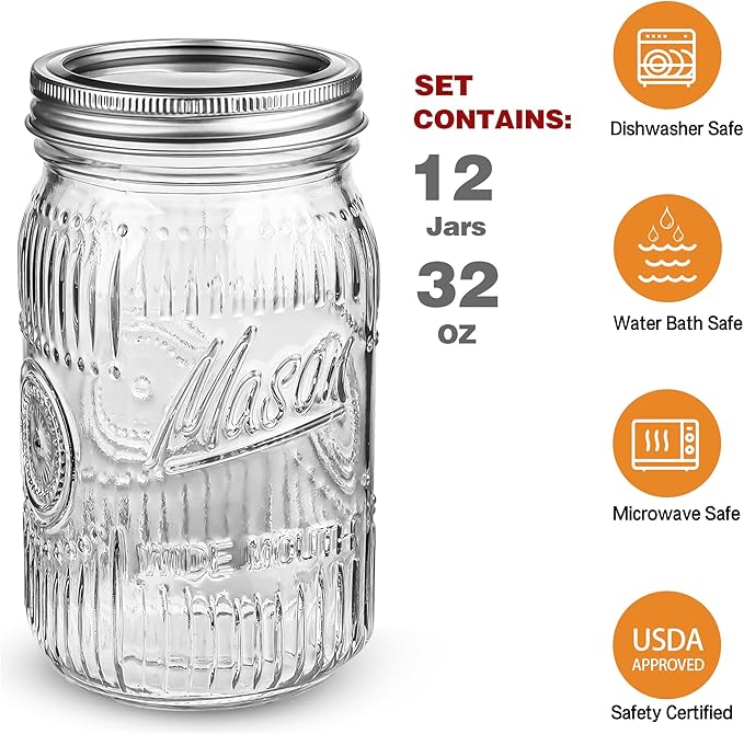 12 Pack 32 oz Wide Mouth Mason Jars - Heavy Duty Glass Storage Jars with Airtight & Leak Proof Lids for Pickling, Canning, Food Storage, Flour, Sugar, Pasta, Oats & DIY Projects (12pack 32oz)