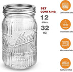 12 Pack 32 oz Wide Mouth Mason Jars - Heavy Duty Glass Storage Jars with Airtight & Leak Proof Lids for Pickling, Canning, Food Storage, Flour, Sugar, Pasta, Oats & DIY Projects (12pack 32oz)