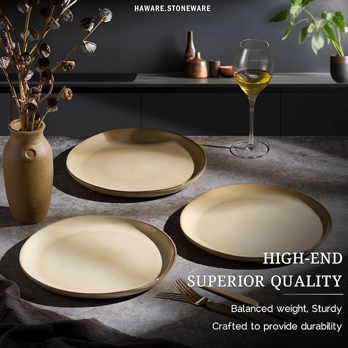 HaWare Stoneware Dinner Plates Set of 6, 10" Heavy Duty Ceramic Plates, Reactive Glaze Dinnerware for Home Restaurant, Chip and Scratch Resistant, Microwave and Dishwasher Safe, Reactive Sandy Khaki