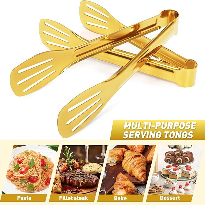 JCREN Serving Tongs - 6 Pack Stainless Steel Buffet Tongs, Gold, 7 Inch