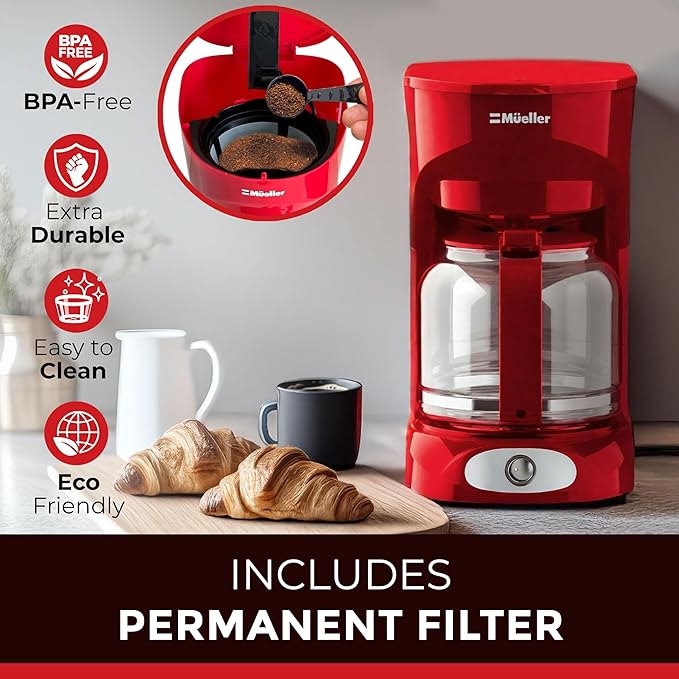 MUELLER HOME 12-Cup Red Coffee Maker - Perfect for Home or Office, Borosilicate Carafe, Auto-Off, Reusable Filter, Anti-Drip, Keep-Warm Function, Clear Water Level Window, Red Kitchen Accessories