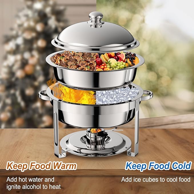 4 Pack Round Chafing Dish Buffet Set,Stainless Steel 8QT Round Buffet Servers and Warmers, Thick Stand Frame Catering Chafe with Mirror Covers,Food Warmer for Party, Weddings,Picnic