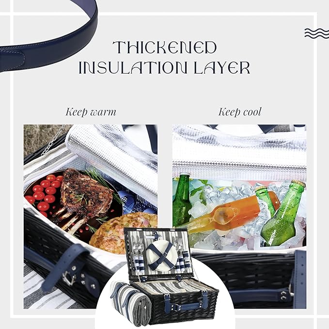 Picnic Basket Set for 4 with Waterproof Blanket Mat Insulation Bag Wicker Classic Navy Blue Black Stripe Gift for Wedding Birthday Summer Camp Outdoor Camping Travel Christmas Thanksgiving