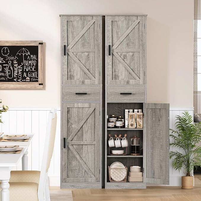 WEENFON Tall Storage Cabinet, Bathroom Cabinet with 6 Shelves & Drawer, Narrow Storage Cabinet with Adjustable Shelves, Tall Cabinet for Living Room, Home Office, Rustic Gray