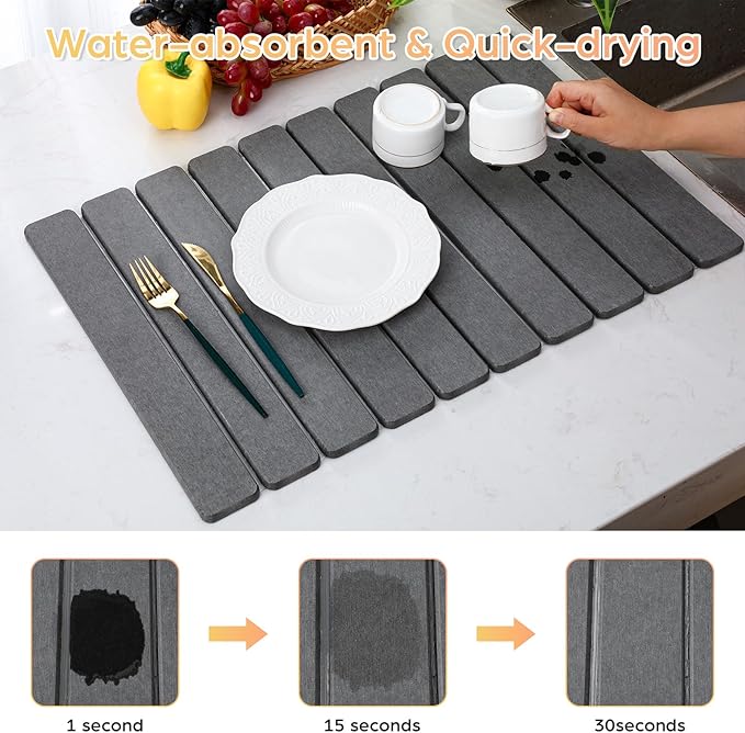 Nuanchu 2pack Large Stone Dish Drying Mat for Kitchen Counter, 23.6"(L)x15.4"(W), Collapsible Diatomaceous Earth Water Absorbing Mat for Dishes Bottles Cups, Match Any Countertop(Dark Grey)