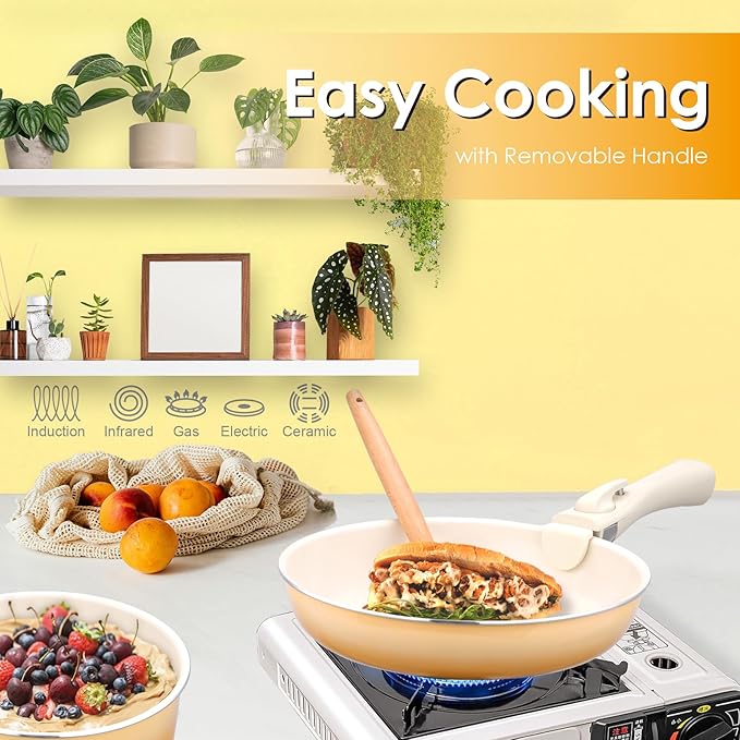 20pcs Ceramic Cookware Set Nonstick, Detachable Handle Pots and Pans Set, Non Toxic,No PFAS & PTFE & PFOA, Dishwasher/Oven Safe, RV Kitchen Set Removable Handle for Cooking, Yellow