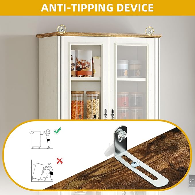 DWVO 76" Kitchen Pantry Storage Cabinet, Freestanding Display Cabinets with Glass Doors & Adjustable Shelves & Drawers, Tall Farmhouse Cupboard for Dining Room, Living Room, Bathroom, White Walnut