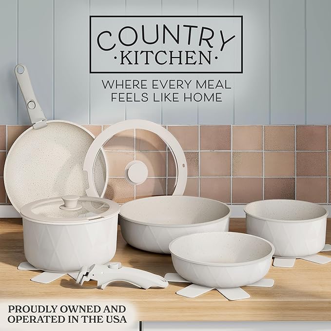 Country Kitchen Cookware Set with Removable Handle, Oven & RV Safe Pots and Pans Set, Cream Diamond, Original