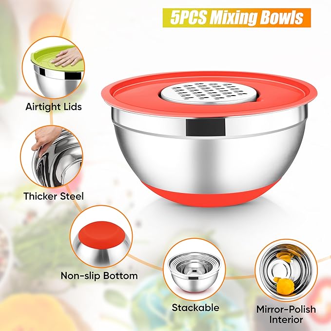 E-far Stainless Steel Mixing Bowls with Lids Set, 5-Piece Nesting Salad Bowls with 3 Grater Attachments and Non-Slip Bottoms, Size 4.6, 2.6, 2, 1.5, 1QT for Kitchen (Colorful)