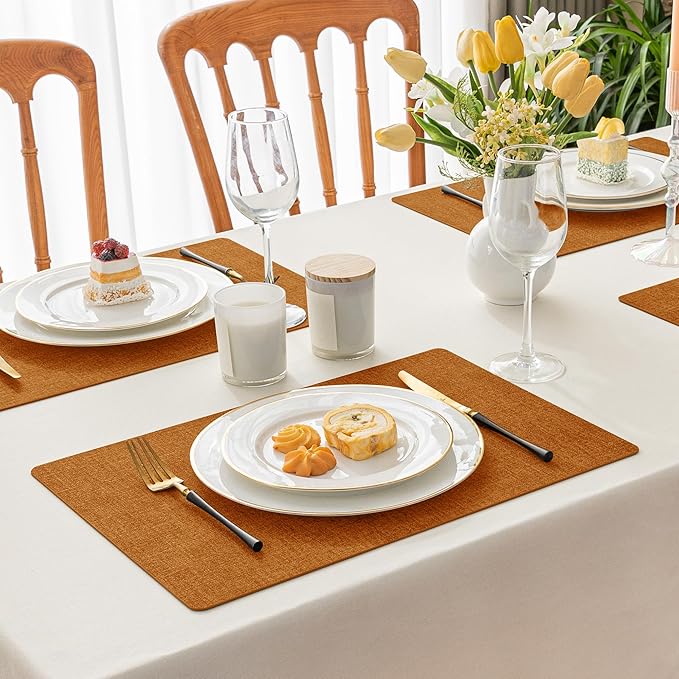 Romanstile Vinyl Placemats Set of 12-12 X 18 Inch - Heat Resistant Place Mats 100% Waterproof Oilproof Wipeable Reversible Faux Leather Table Mats for Kitchen/Dining/Party/Outdoor, Orange