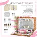 Picnic Basket Set for 4 with Waterproof Blanket Mat Insulation Bag Wicker Pink Floral Classic Fresh Gift for Wedding Birthday Summer Camp Outdoor Camping Beach Travel Christmas Thanksgiving