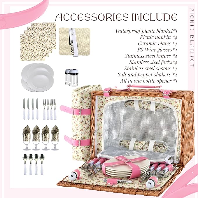 Picnic Basket Set for 4 with Waterproof Blanket Mat Insulation Bag Wicker Pink Floral Classic Fresh Gift for Wedding Birthday Summer Camp Outdoor Camping Beach Travel Christmas Thanksgiving