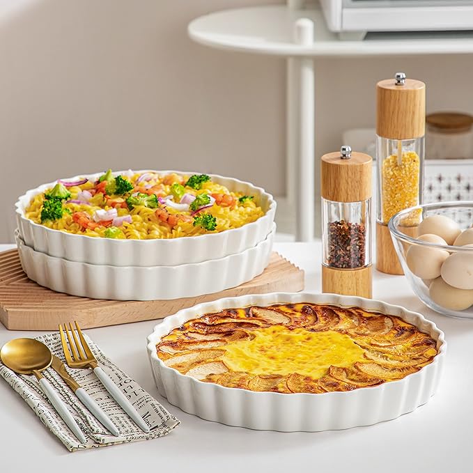 LOVECASA Porcelain Quiche Baking Dish,10 Inch Reusable Pie Pan Quiche Pan, Non-Stick Round Pie Dish, Tart Pan with Ruffled Edge,Pie Pan for Pies | Microwave,Dishwasher,and Oven Safe (White)