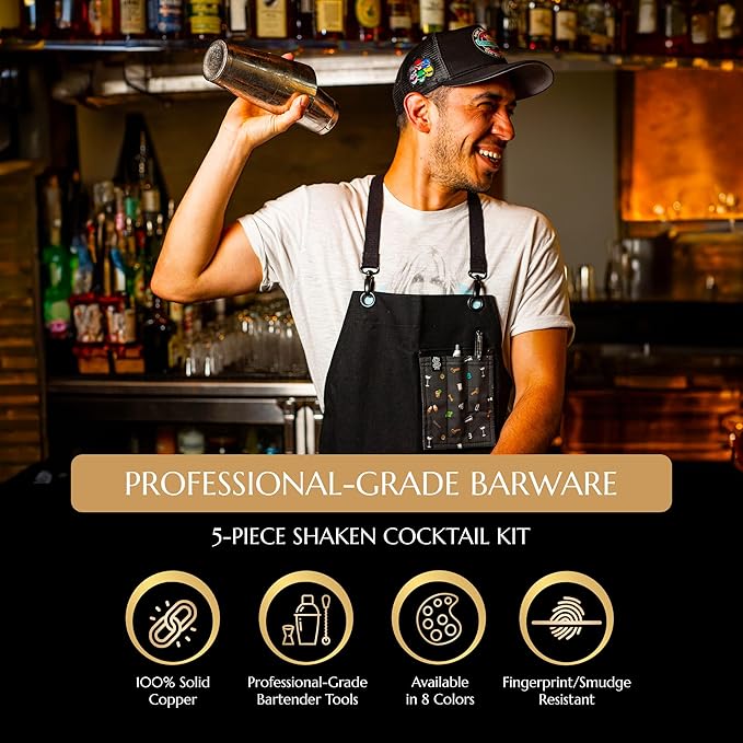 5 Piece Cocktail Kit by Bull In China - Premium Bartender Gift Set Includes Weighted 2 Piece Boston Shaker, Hammered Bell Jigger, Hawthorne Strainer & Fine Mesh Strainer (Copper)