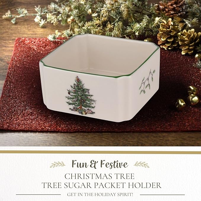 Spode Christmas Tree Sugar Packet Holder - 3.9" Sugar Packet Bowl for Tea, Sweetener, Coffee Bar - Fine Earthenware Holiday Sugar Packet Organizer - Festive Christmas Serveware for Dining Table