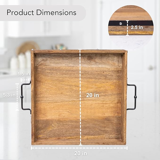 20"x20" Extra Large Square Ottoman Tray, Heavy Duty Mango Wood, for Serving Tea, Breakfast in Bed, Living Room Large Coffee Table Tray Rustic with Farmhouse Style, Decorative Handles and Accent Strap