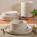Gibson Elite Solana Coast 12 Piece Stoneware Reactive Glaze (Service for 4) Ceramic Plates and Bowls Modern Shape Embossed Dinnerware Set - Cream White
