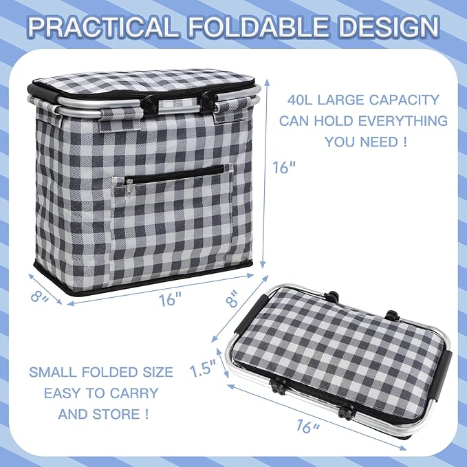 Insulated Picnic Basket,40L Leak-Proof Cooler Bag,Grocery Basket with Lid,2 Sturdy Handles,Storage Basket for Picnic, Picnic Basket for 4 Persons (Black Grid)