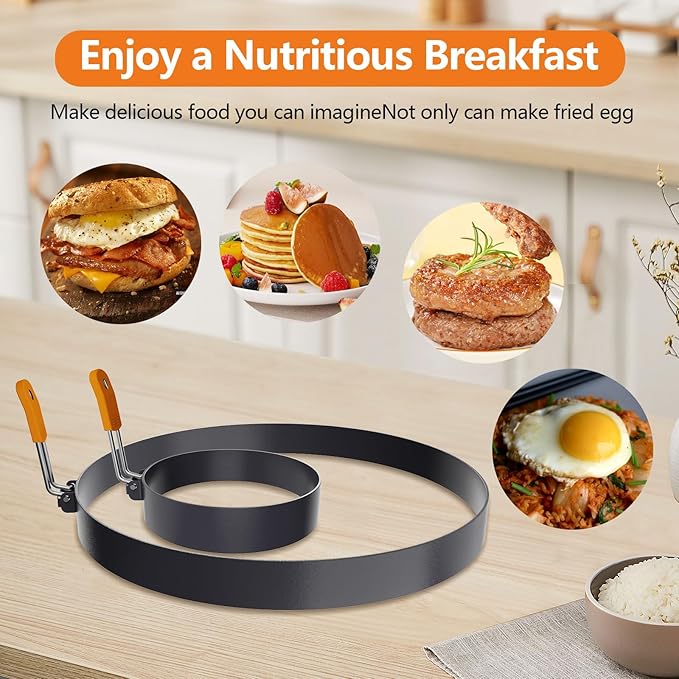 6 Packs Professional Pancake Ring Set,3" Omelette Ring,4" Non-stick Griddle Pancake Shapers with Oil Brush,6" Stainless Fried Egg Molds with Orange Anti-scald Silicone Handle,8" Pancake Molds