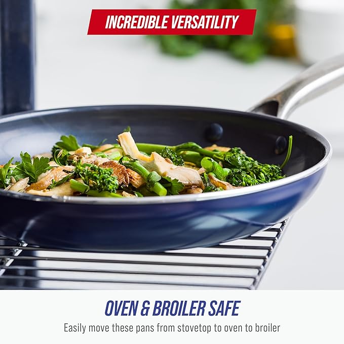 Blue Diamond 20 Piece Nonstick Cookware Set, Diamond Ceramic Pots & Pans, Dishwasher & Metal Utensil Safe, Non Toxic PFAS-Free, Kitchen Cooking Sauce & Saute Pans, Oven & Broiler to 600F, Blue