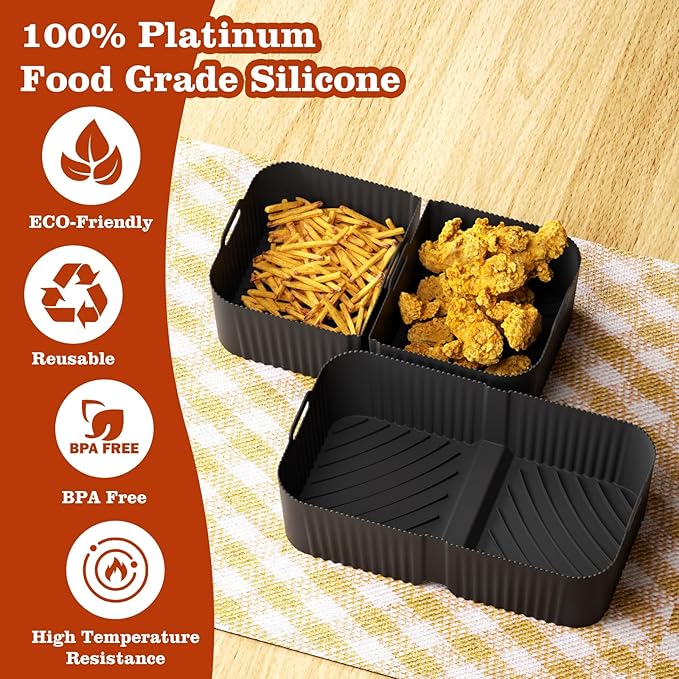 Silicone Air Fryer Liners for Ninja DZ071 (3.5qt x2 + 7qt x1) | 10-Piece Air Fryer Accessories Set with Oil Brush, Gloves, Food Clips, Scraper & Grill Mats | Dishwasher Safe, BPA-Free (Black)