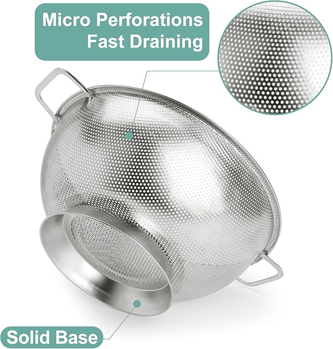 Colander Stainless Steel Set(5-Quart and 3-Quart), Kitchen Strainer for Pasta, Fruits Vegetables, Dishwasher Safe