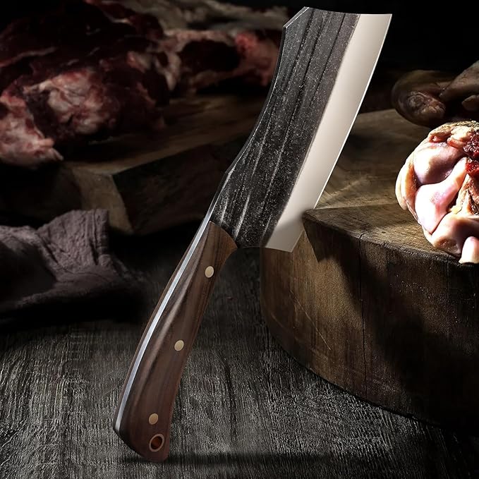 HOSHANHO Butcher Knife Set, 3-Piece High Carbon Steel Serbian Chef Knife Set of Heavy Duty Boning Knife & Meat Cleaver Knives & Viking Knives for Home, Cooking, Outdoor Camping BBQ