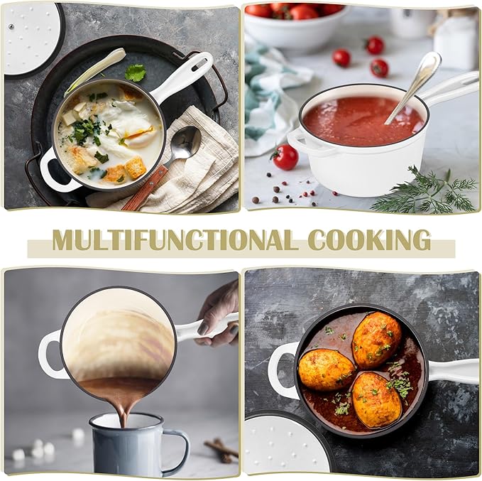 E-far Enameled Cast Iron Sauce Pan with Lid, 1 Quart Dutch Oven Saucepan, Mini Sauce Pot for Cooking, Boiling, Healthy & Non Toxic, Induction & Oven Safe, White