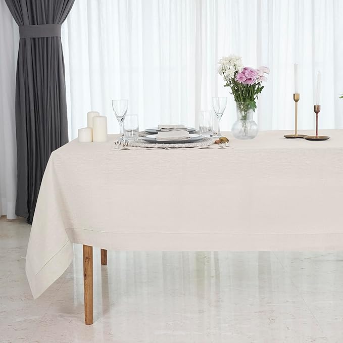 D'Moksha Homes Light Natural Linen Tablecloth for Rectangle Tables 60 x 144 Inch - 100% Pure Linen Natural Table Cloth - Classic Hemstitch, Machine Washable Dining Tablecloth for Fall, Halloween