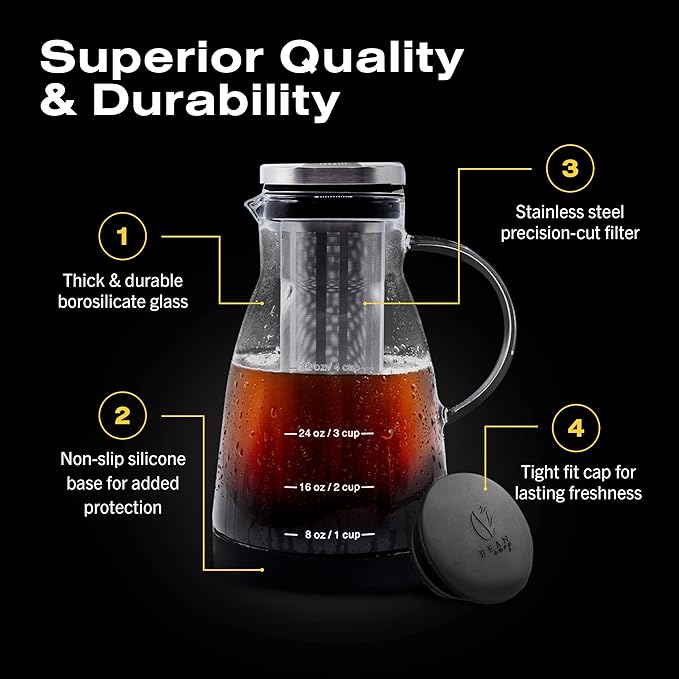 Bean Envy Cold Brew Coffee Maker - 32 oz Glass Coffee Cold Brew Maker and Pitcher w/Silicone Cap & Base