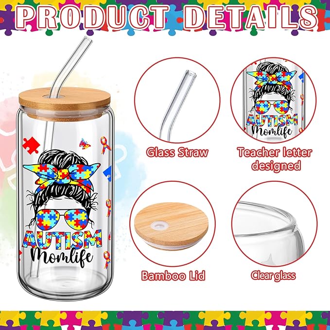 6 Pcs Autism Mom Gifts Tumbler 16 oz Autism Awareness Glass Cups with Lids and Straws Can Shape Autistic Iced Coffee Cup for Autistic Mom Teacher