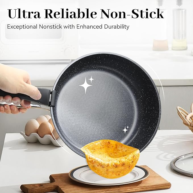 5PCS Pots and Pans Set Non Stick, Kitchen Cookware Sets with Detachable Handle, Ceramic Cookware Sets, Non Stick RV Cookware Cooking Set, Dishwasher ＆ Oven Safe, PFOA Free, Black