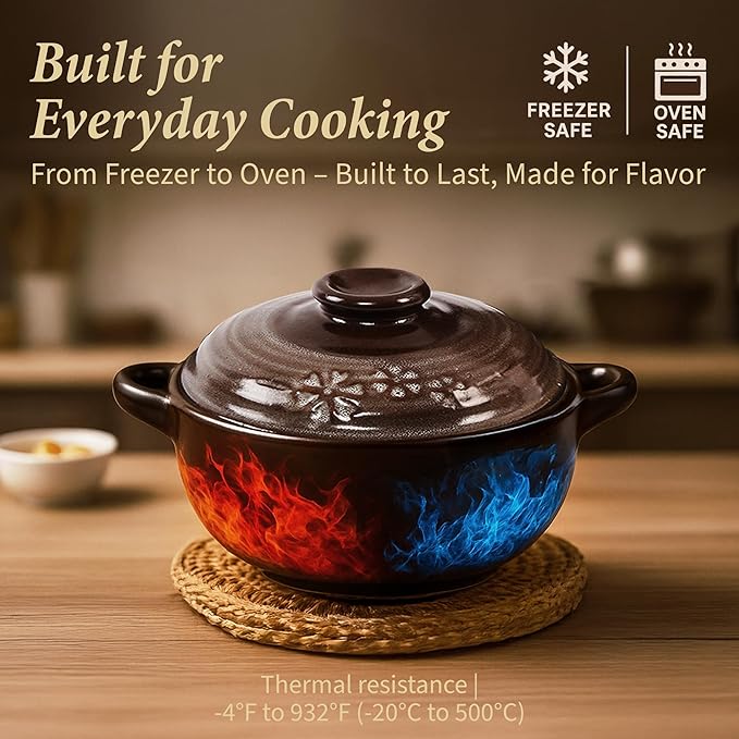 Korean Stone Bowl (34oz) Clay Pot for Cooking Korean Dishes - Brown, Large, Rustic Style - Dolsot, Ttukbaegi, Onggi, Kimchi Stone Donabe - With Lid