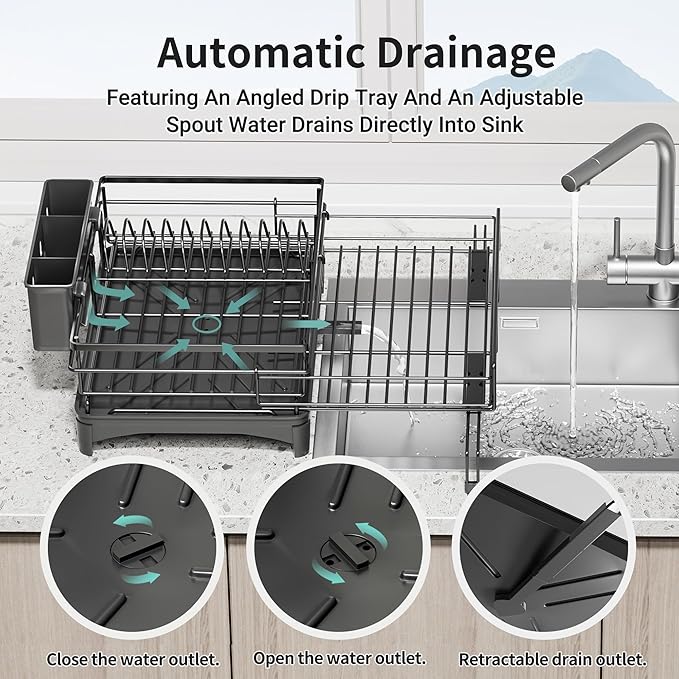 Large Dish Drying Rack - Expandable Dish drainers for Kitchen Counter,Over The Sink Dish Drainer Drying Rack,Rustproof Dish Drainer with Utensil Holder and Drainboard