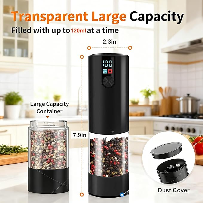 Fresh World 2Pack Electric Salt and Pepper Grinder Set Rechargeable with LED Light, Adjustable Coarseness Large Capacity Automatic Salt Pepper Mill Grinder for Kitchen, Restaurant, Outdoor, Black