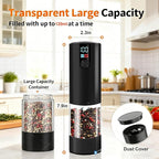 Fresh World 2Pack Electric Salt and Pepper Grinder Set Rechargeable with LED Light, Adjustable Coarseness Large Capacity Automatic Salt Pepper Mill Grinder for Kitchen, Restaurant, Outdoor, Black